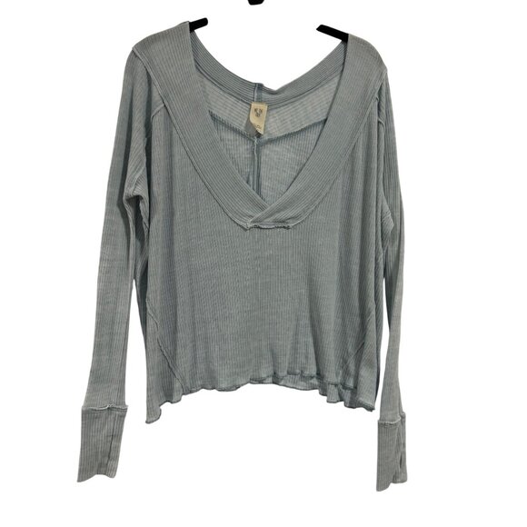 Free People We the Free Oceanview V-Neck Plunging Blue Thermal Top Size XS - Picture 1 of 8